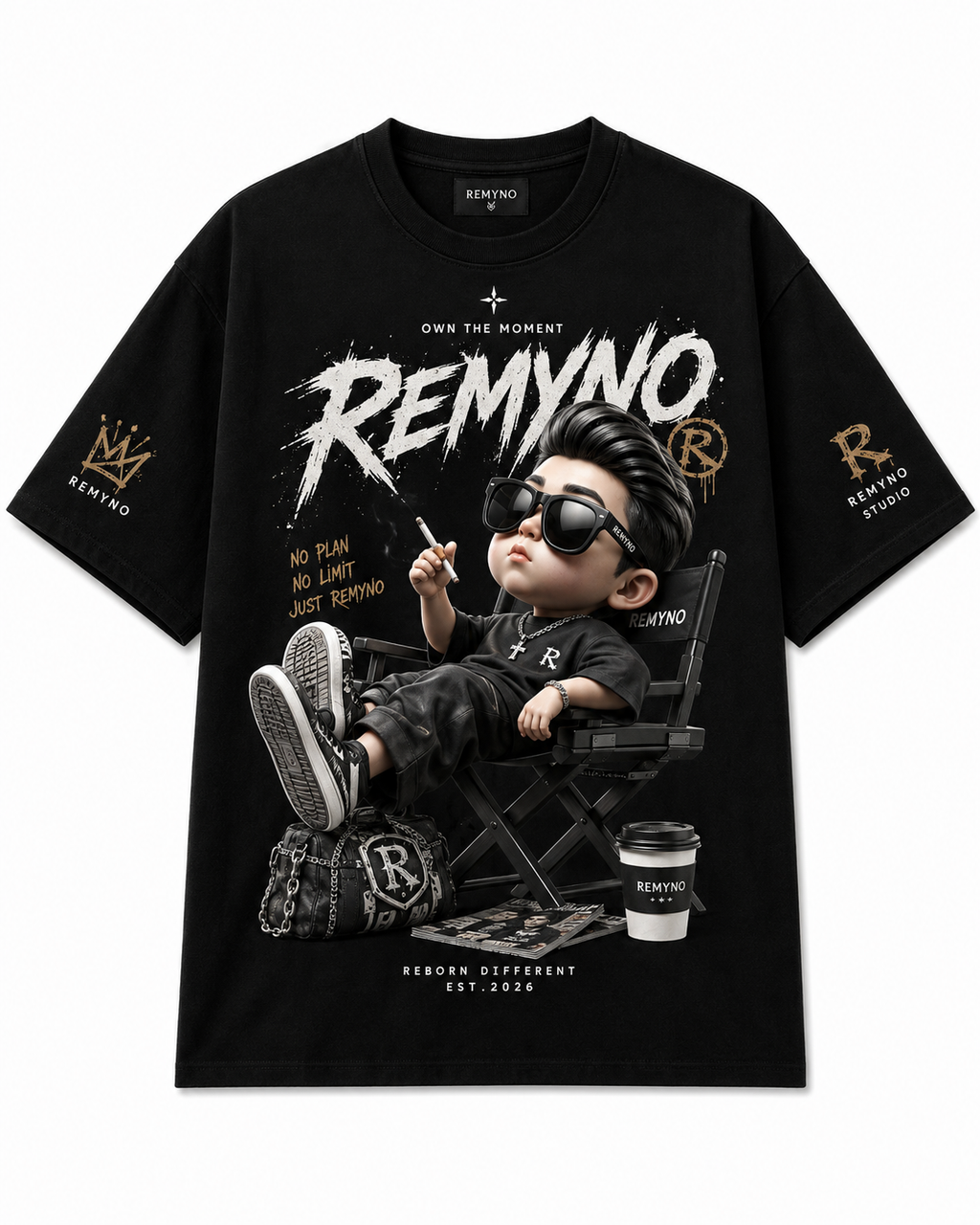 Cotton T-shirt with "REMYNO" brand logo print.