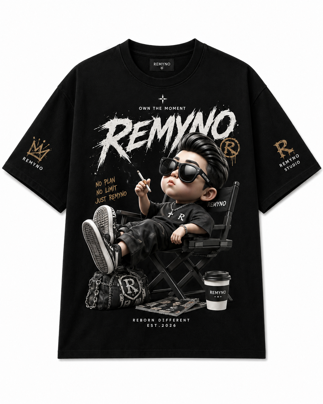 Cotton T-shirt with "REMYNO" brand logo print.