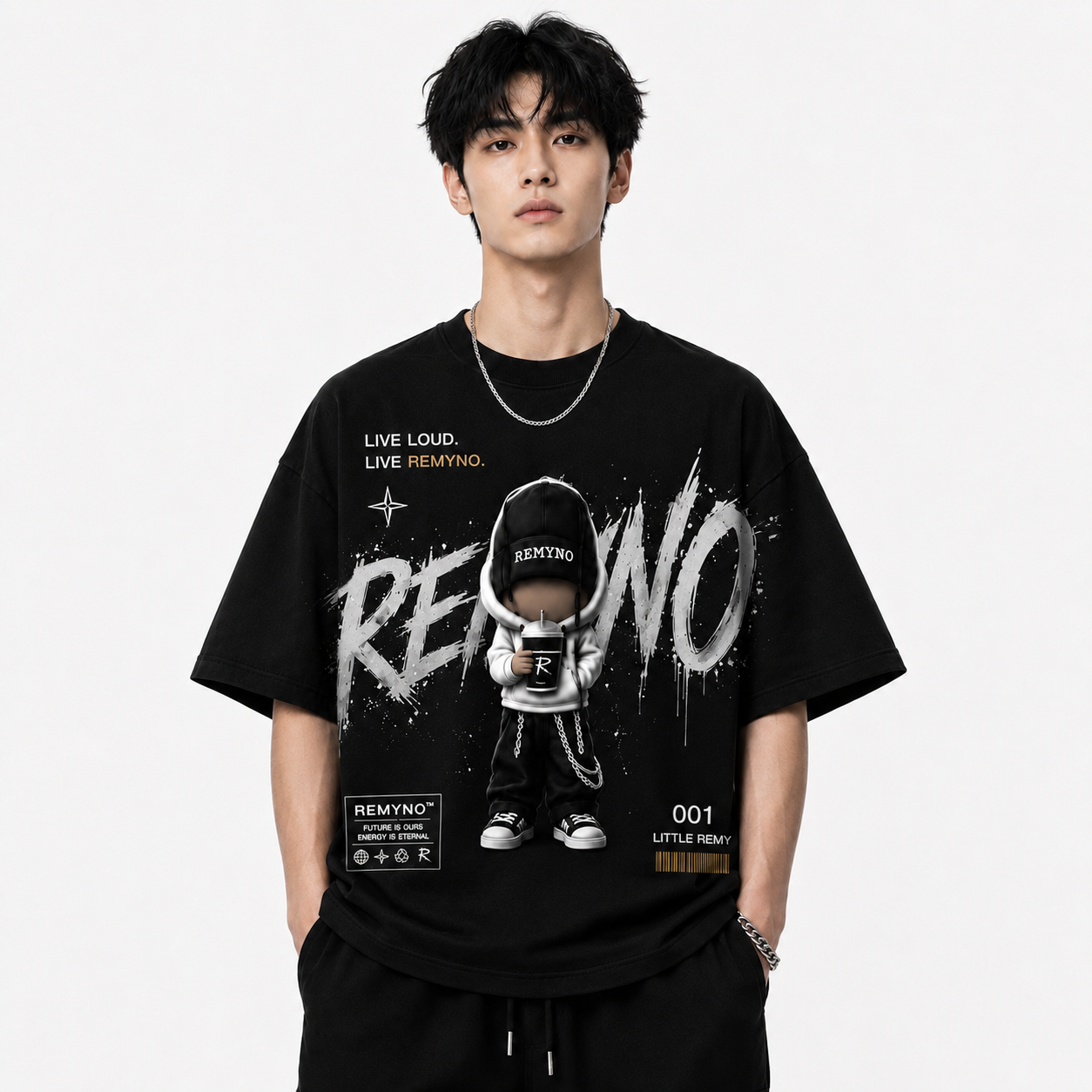 Cotton T-shirt with "REMYNO" brand logo print.