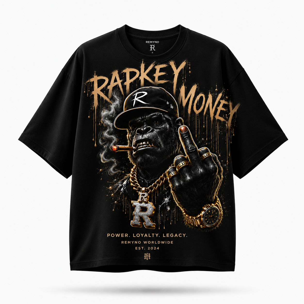 Cotton T-shirt with printed logo pattern of the "REMYNO" brand.
