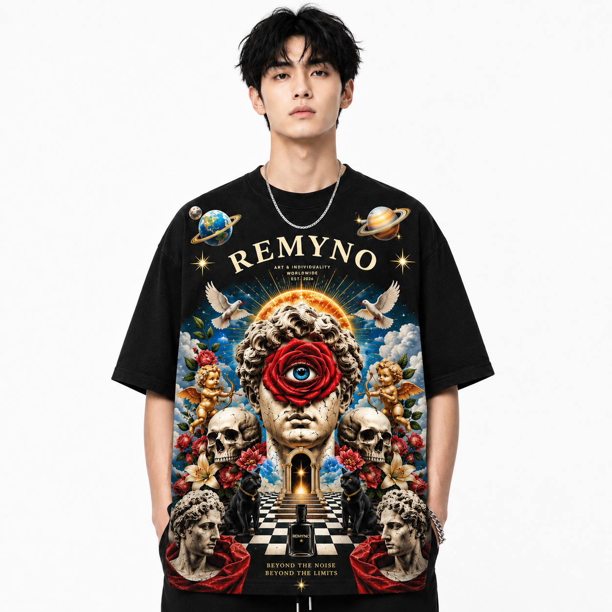 Cotton T-shirt with printed logo pattern of the "REMYNO" brand.