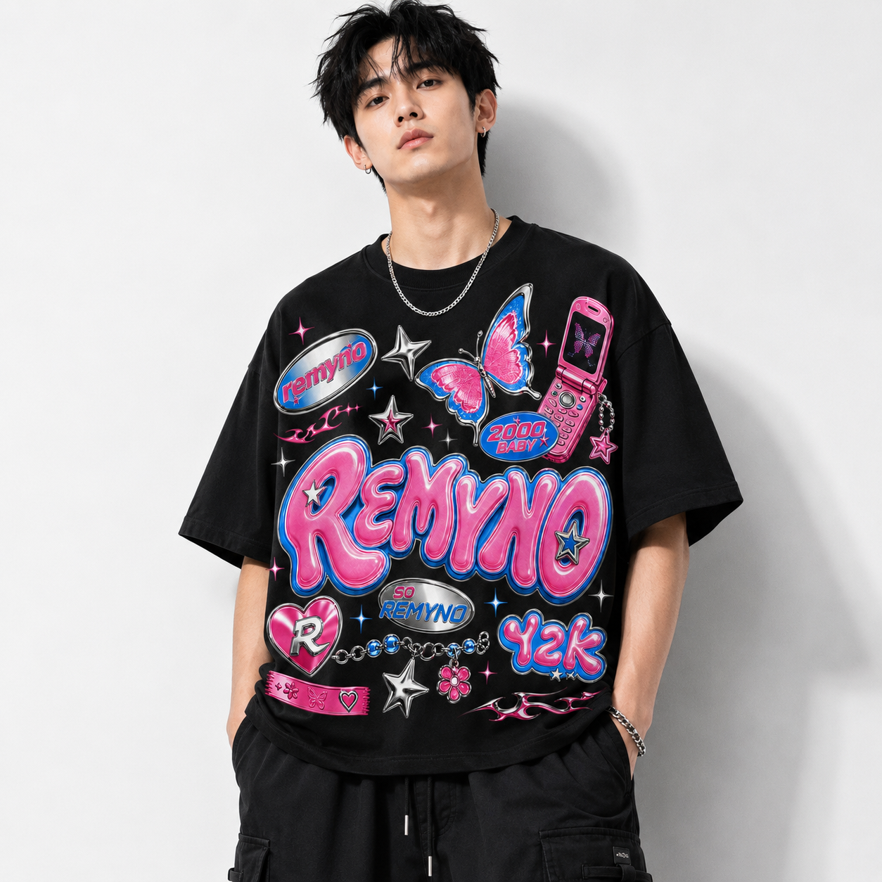 Cotton T-shirt with "REMYNO" brand logo print