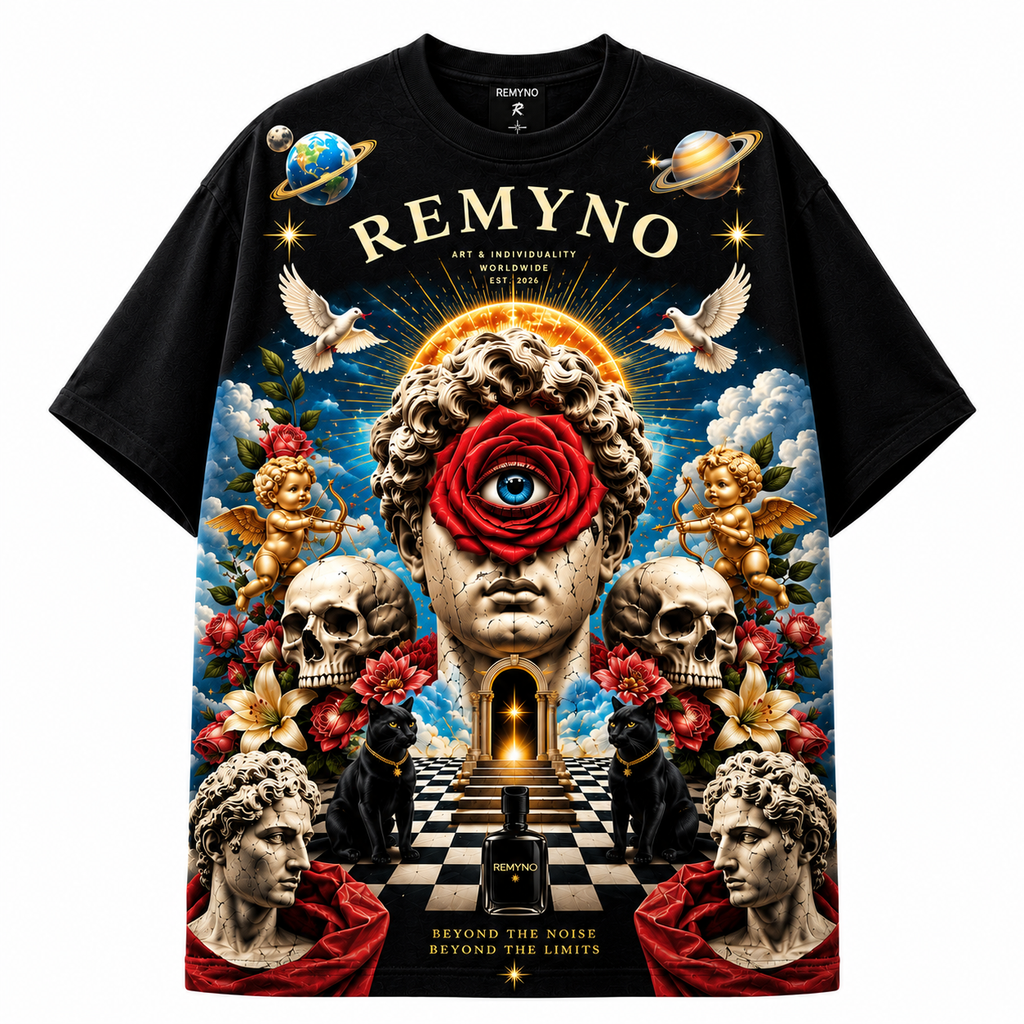 Cotton T-shirt with printed logo pattern of the "REMYNO" brand.