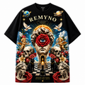 Cotton T-shirt with printed logo pattern of the "REMYNO" brand.