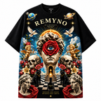 Cotton T-shirt with printed logo pattern of the "REMYNO" brand.
