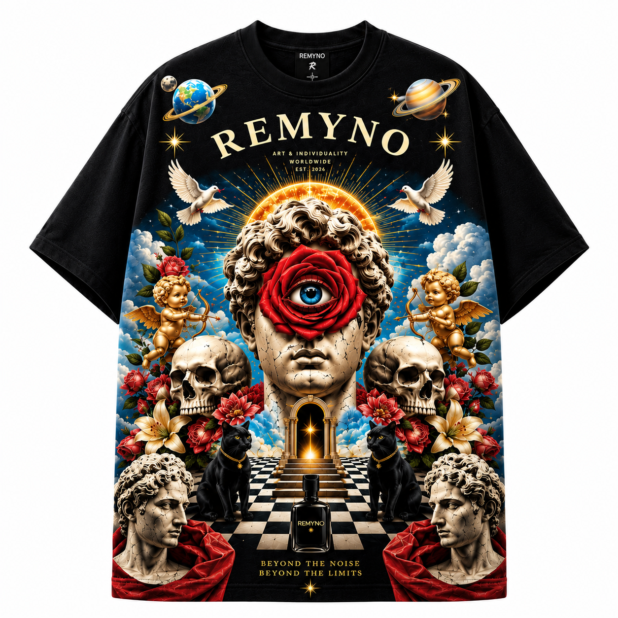 Cotton T-shirt with printed logo pattern of the "REMYNO" brand.