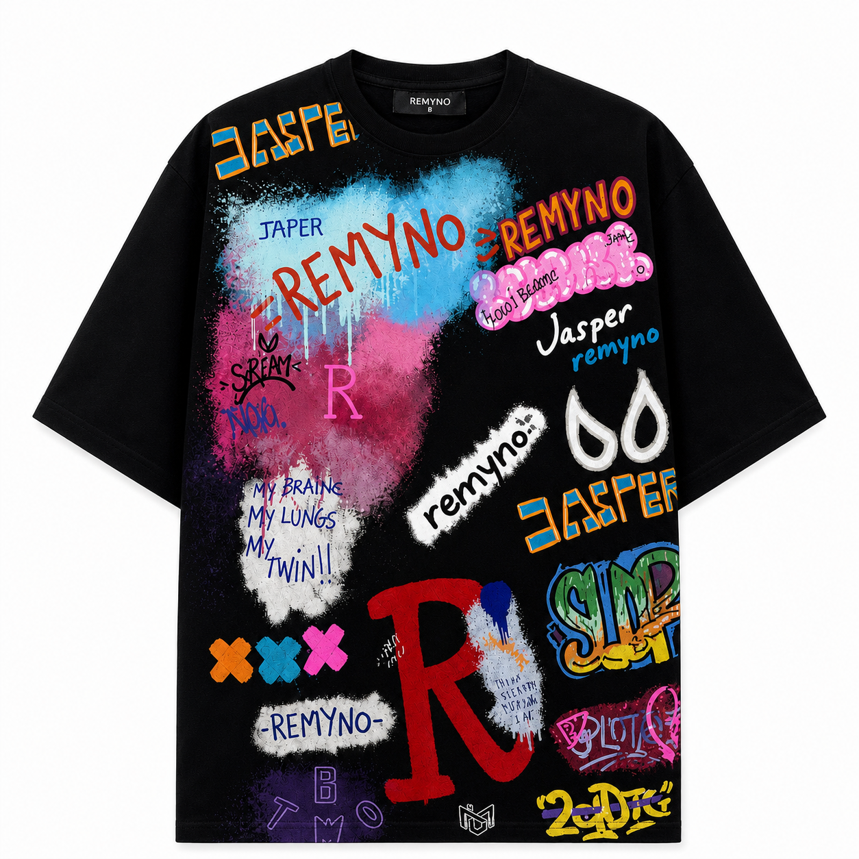 Cotton T-shirt with "REMYNO" brand logo print.