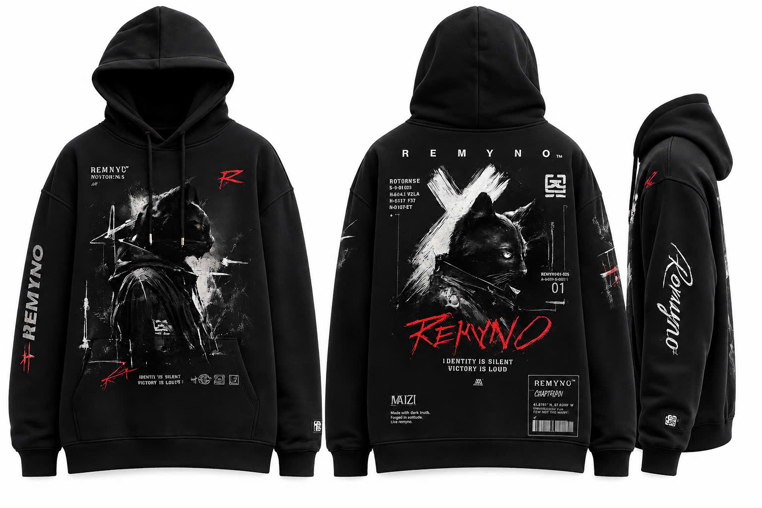 Hoodies printed with the "REMYNO" brand logo