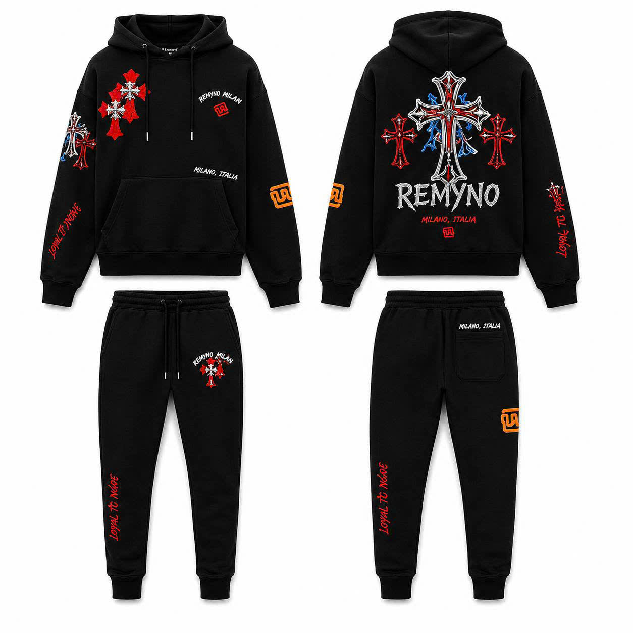 Long-sleeve set with "REMYNO" brand logo print.