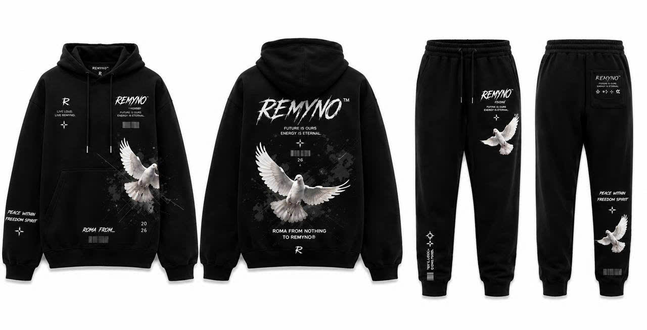 Long-sleeve set with "REMYNO" brand logo print.